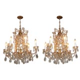 Pair of Matching Rock Crystal+Gilt Metal Six-Candle Chandeliers