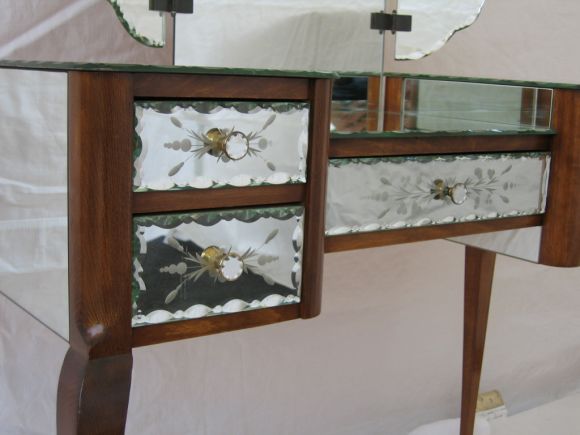 Mirrored Vanity with Etched Panels and Removable Trifold Mirror 1