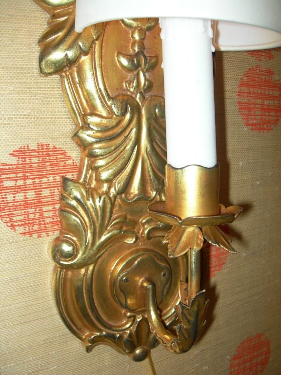 Carved Wood and Mirrored Gilt Sconces.  Originally for Candles<br />
Silk Demi-Lune Shades