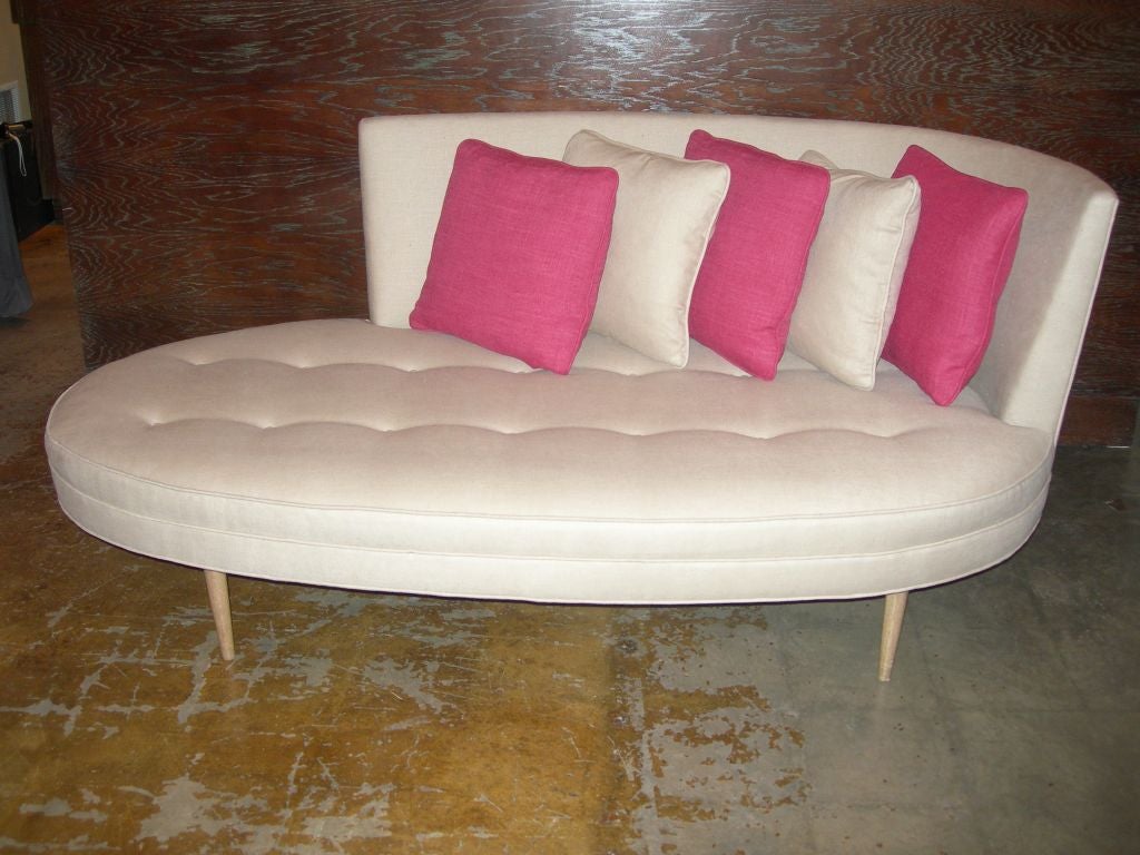 Rare Probber Sofa/Chaise /Settee with Round 3/4 Back<br />
Tight Seat, Hand Tied Springs <br />
New Upholstery ,  Bleach Mahogany Legs