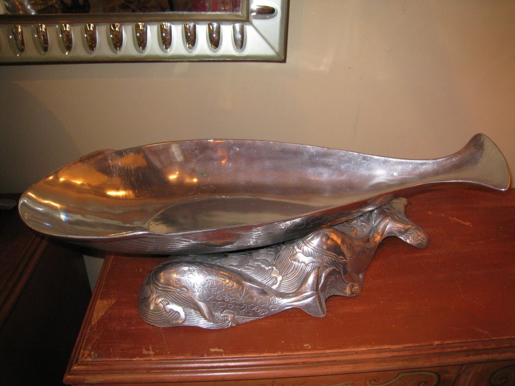 Arthur Court Cast Aluminum Whale Tureen.  Whale sits on top of  a base of waves and baby whales.