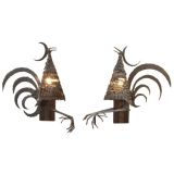 Vintage Pair of French Iron Rooster Sconces
