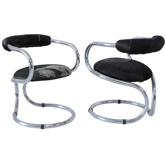 Pair of Italian Chrome and Ponyskin Chairs For Sale