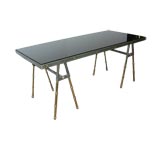 Jacques Adnet Saddle Stiched Leather and Brass Cocktail Table