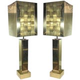 Pair of Curtis Jere Basketweave Brass Lamps