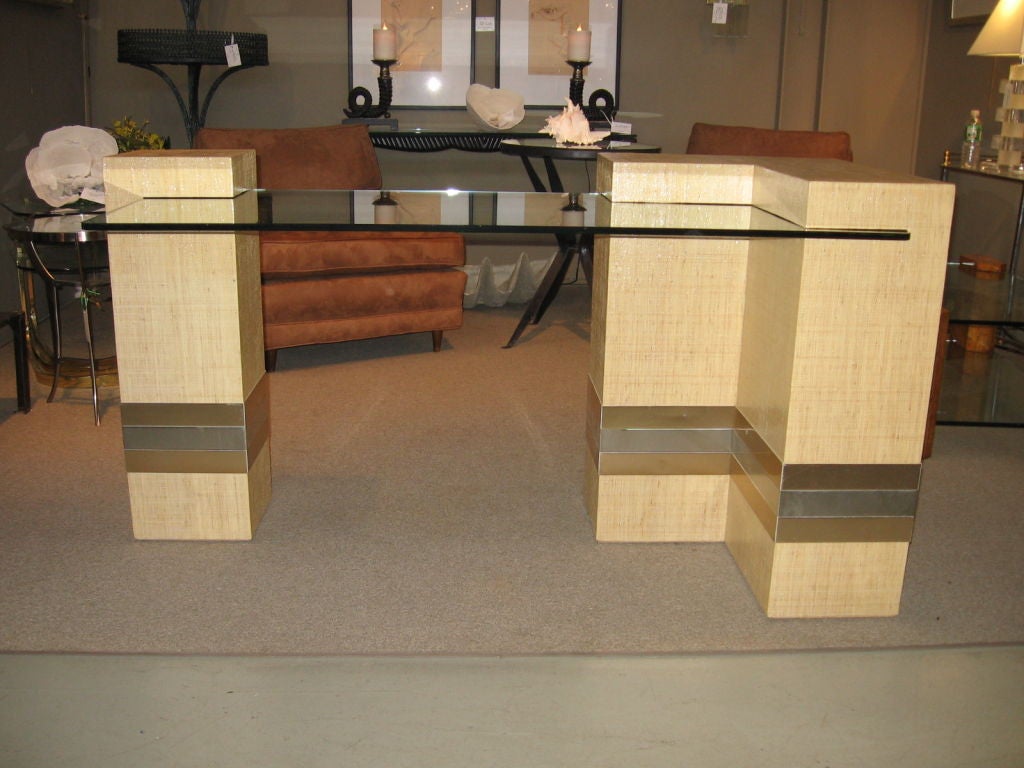 20th Century GLASS AND LINEN WRITING TABLE INSPIRED BY KARL SPRINGER