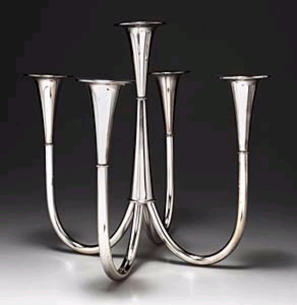 An elegant, German Mid-Century Modern candelabra or centrepiece by Former Bauhaus Student and Master William Wagenfeld. The five-arm model presents a perfect balance of material, form and proportion.