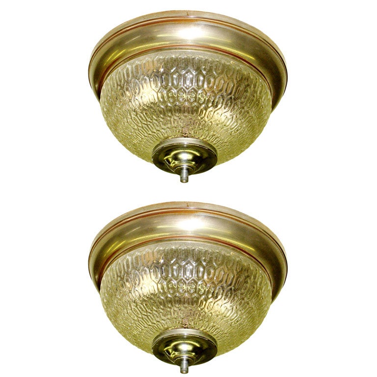 Two French Mid-Century Textured Glass Flush Mount Fixtures For Sale