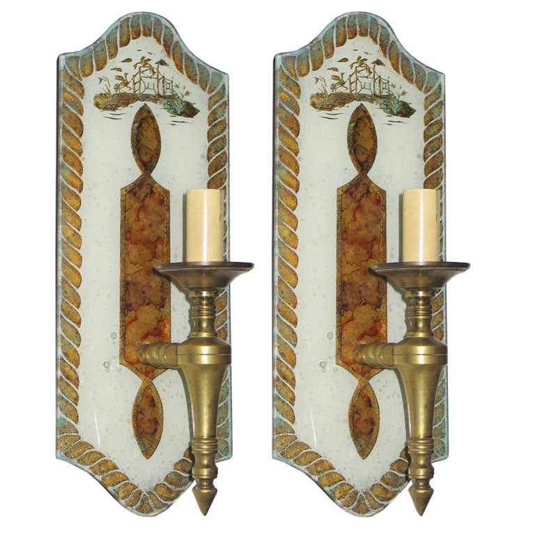 Exceptional Pair of Verre Églomisé Sconces by Maison Jansen For Sale