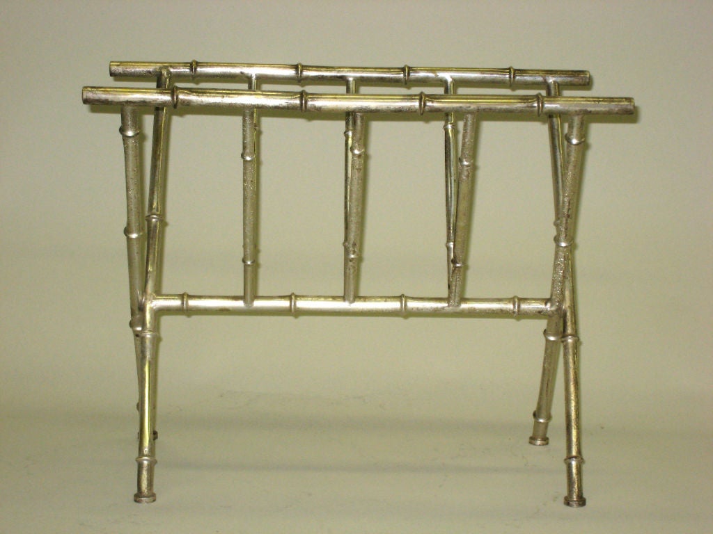 French Mid-Century Modern Nickeled Brass Faux Bamboo Magazine Stand by Bagues In Good Condition For Sale In New York, NY