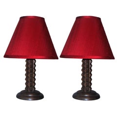 2 Pairs of Small French Mid-Century Modern Carved Wood Table Lamps, 1940