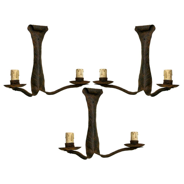 3 French Art Deco Wrought Iron Sconces / Wall Lights For Sale