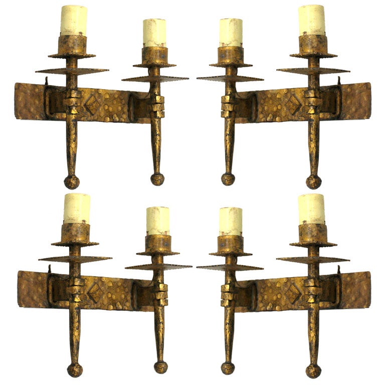 4 French Midcentury Modern Neoclassical Gilt Iron Sconces, Gilbert Poillerat For Sale