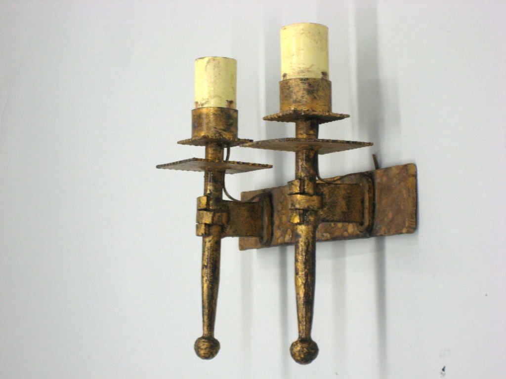 Mid-Century Modern 4 French Midcentury Modern Neoclassical Gilt Iron Sconces, Gilbert Poillerat For Sale
