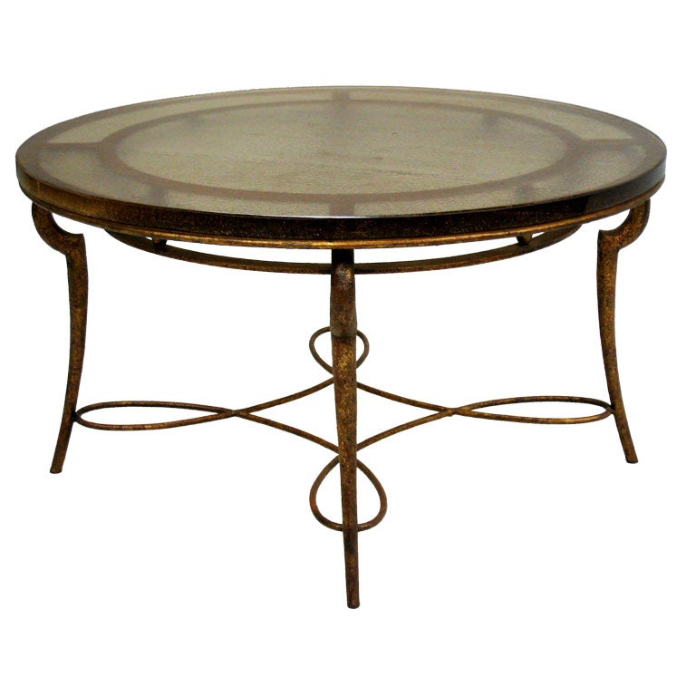 French Mid-Century Copper Gilt Wrought Iron Coffee Table by Rene Drouet, 1940 For Sale