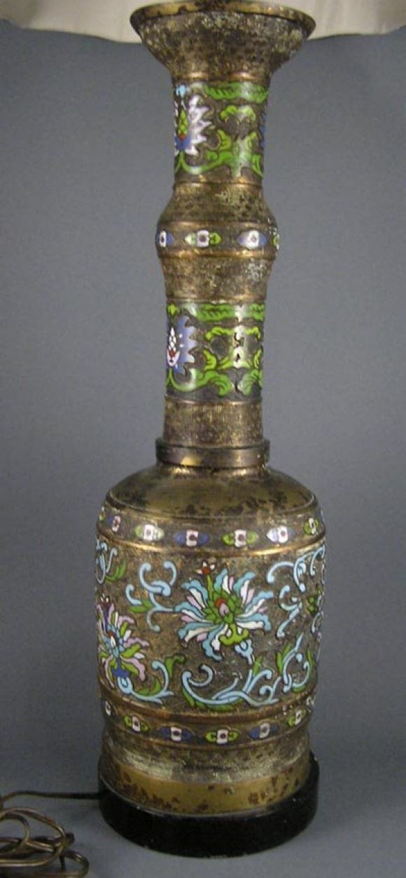Aesthetic Movement Pair of Large Gilt Bronze and Cloisonne Urn Table Lamps For Sale