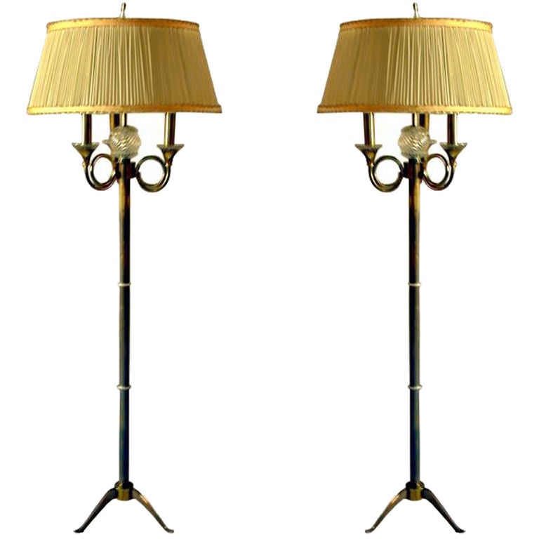 Pair of French Bronze and Glass Standing Lamps by JULES LELEU