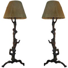 Pair Rare French Mid-Century Primitivist Standing Lamps in Manner of Moreux