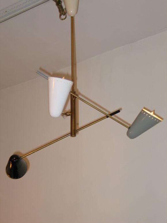 Classic Italian Modernist Ceiling Fixture with Pivoting Counter-balanced Arms and Pivoting Shades in Grey, White and Black. <br />
Dimensions: Each Arm is 21