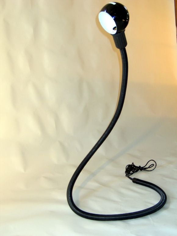 A fully flexible and pivoting standing lamp in metal and hard plastic designed to focus light in any direction for reading or general ambient light. Multi-functioned; 

Will fold into a curled snake and can function as a standing lamp, table or