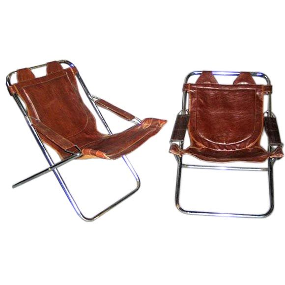 Pair of Collapsible French Mid-Century Modern Leather Lounge Chairs by Lama