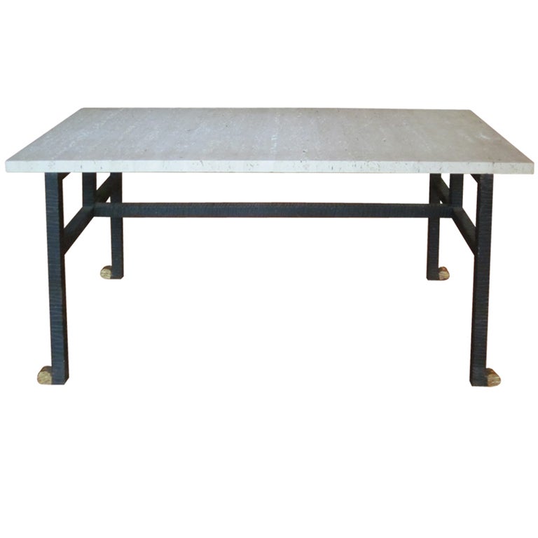 French Art Deco Cocktail Table in Wrought Iron and Travertine by Paul Kiss For Sale