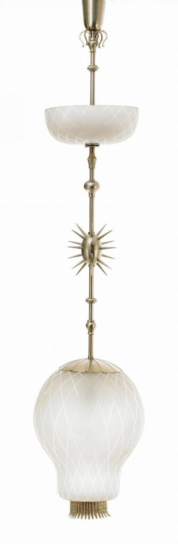 An exceptional work of art and design for a chandelier that transcends the modern and the neoclassical. Two pieces of glass are handblown into oval and bowl forms and then are etched in a cross-hatched pattern. The glass pieces alternate with pieces