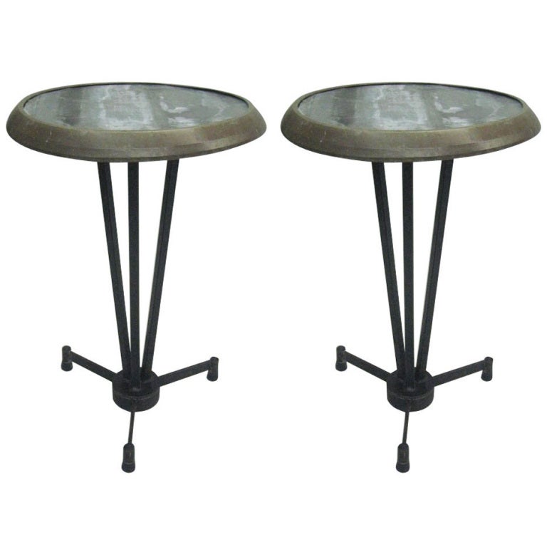 Two French, Mid- Century Modern Industrial Steel & Zinc Cafe Tables / End Tables For Sale