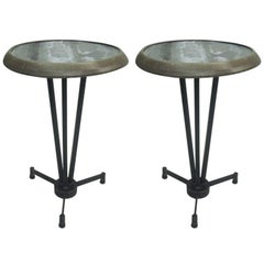 Two French, Mid- Century Modern Industrial Steel & Zinc Cafe Tables / End Tables