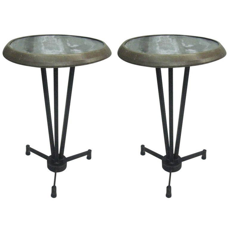 Two French, Mid Century Modern Industrial Steel and Zinc Cafe Tables