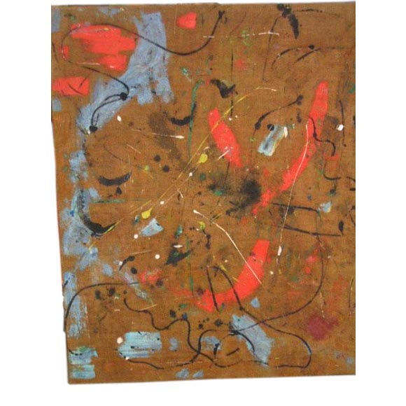 Large abstract expressionist painting on raw canvas by Belgian Painter, A.C. Hermkens. Signed. 

