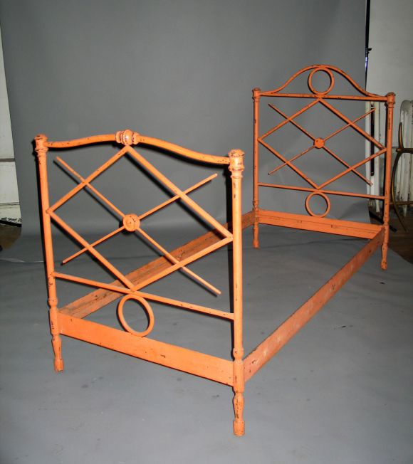 Rare Pair of Cast Iron Single /Beds from the Napoleon III Epoch (1848-1880) in France. Original Orange Red Paint. Beautiful Patina. All Original