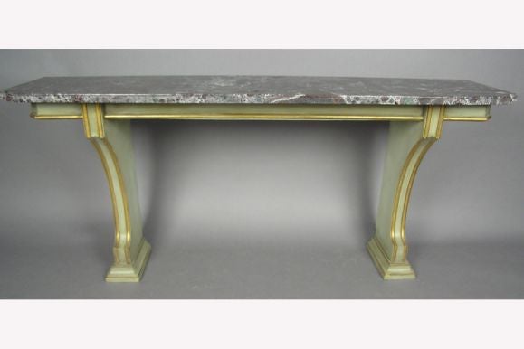 Hand-Carved Large French Modern Neoclassical Painted Wood & Marble Console by Maison Jansen For Sale