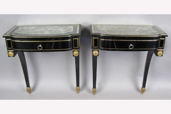 Mid-Century Modern French Ebonized Wood & Verre Eglomise Wall Console or Nightstand, Maison Jansen For Sale