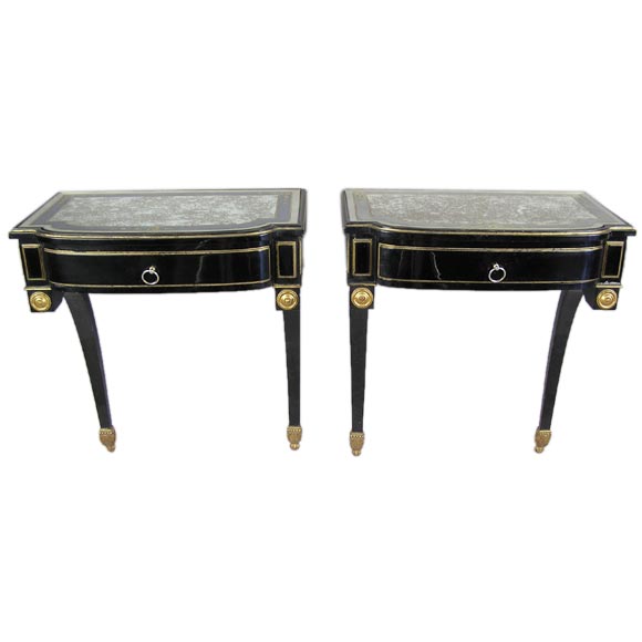 French Mid-Century Modern neoclassical wall-mounted console with exquisitely reverse-painted (Verre Eglomisse) mirror top by Maison Jansen. One center drawer.

This piece also functions as a wall-mounted nightstand. 

 