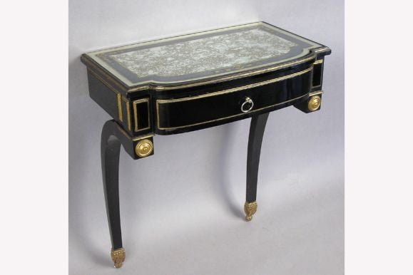 French Ebonized Wood & Verre Eglomise Wall Console or Nightstand, Maison Jansen In Excellent Condition For Sale In New York, NY