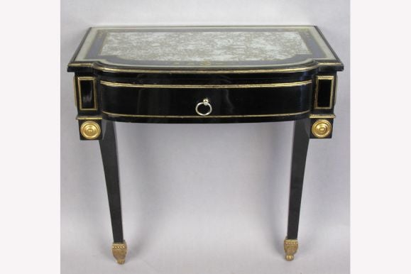 20th Century French Ebonized Wood & Verre Eglomise Wall Console or Nightstand, Maison Jansen For Sale