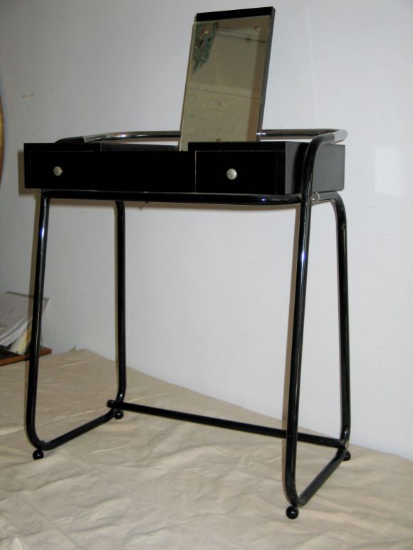 Elegant French Modernist Vanity / Writing Table in Lacquered Metal and Laminated Wood.