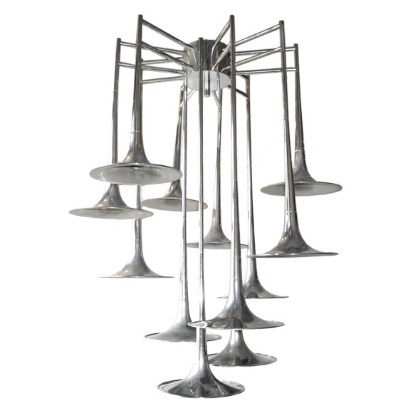 Large Italian Mid-Century Modern Chrome Trumpet Chandelier by Reggiani 