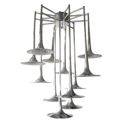 Large Italian Mid-Century Modern Chrome Trumpet Chandelier by Reggiani