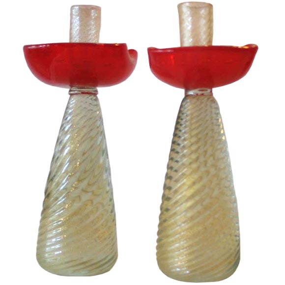 PAIR OF HANDBLOWN MURANO CANDLESTICKS attr. BAROVIER For Sale