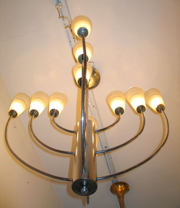 Art Deco Mid-Century Modern Nickel & Satin Glass Chandelier Attributed to Jacques Adnet For Sale