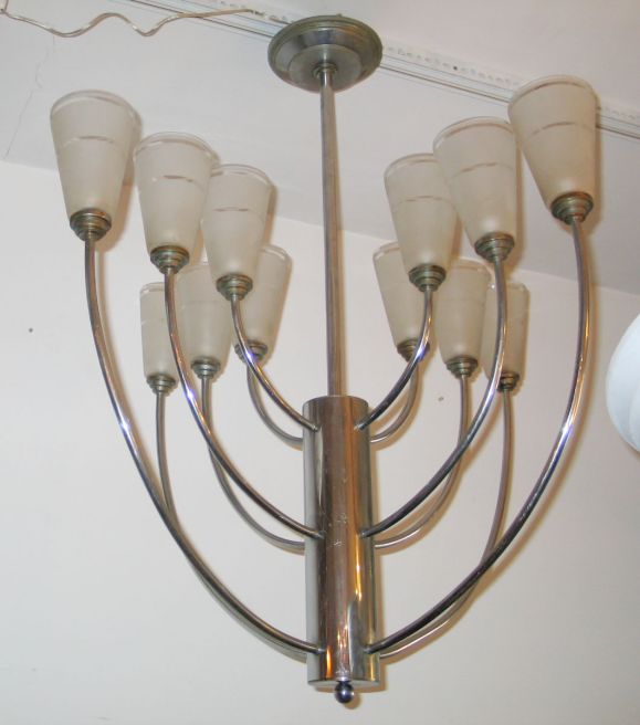 French Mid-Century Modern Nickel & Satin Glass Chandelier Attributed to Jacques Adnet For Sale