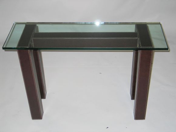 Mid-Century Modern Two French Leather Mid-Century Consoles in the Style of Jacques Adnet For Sale