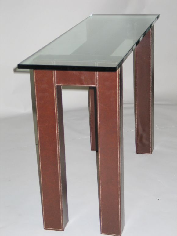 Hand-Crafted Two French Leather Mid-Century Consoles in the Style of Jacques Adnet For Sale