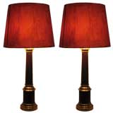 Pair French Mid Century Modern Brass & Enamel Table Lamps, Hand Painted Shades
