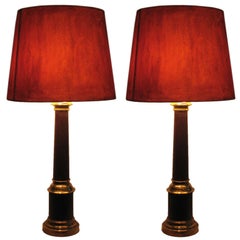 Pair French Midcentury Modern Brass & Red Enamel Table Lamps Hand Painted Shades