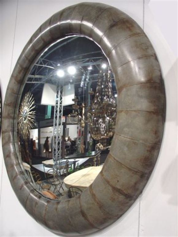 French 2 Large Round Mirrors in Zinc For Sale