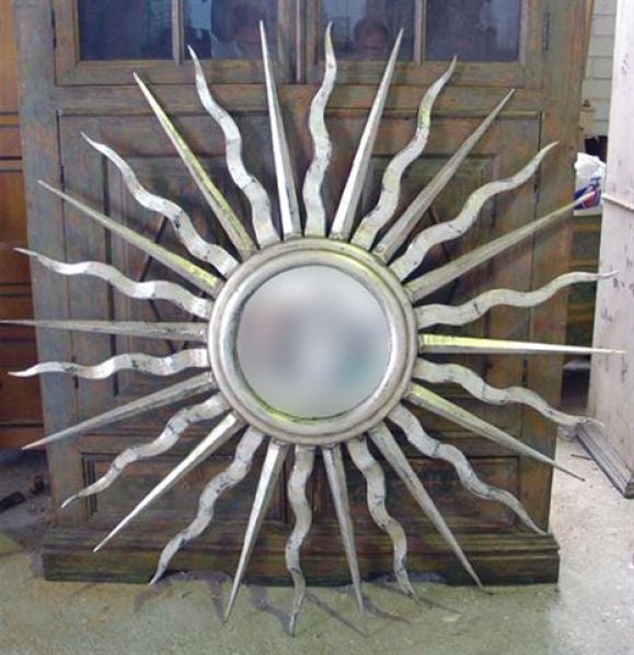 2 Large Silver Leaved Wrought Iron 'Sunburst / Star / Starburst Wall Mirrors. Sold Individually.