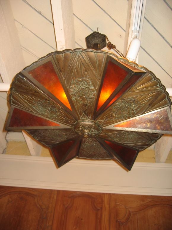 Paul Follot Broze Chandelier with Mica Panels
